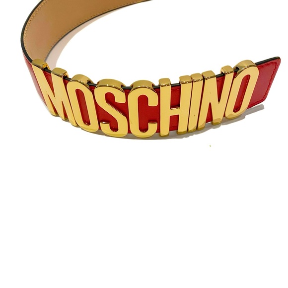 MOSCHINO Red Gold Logo Leather Belt NWT - Picture 4 of 15
